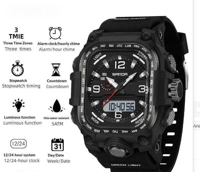 Square Digital Watch Waterproof Sports Countdown Timer Multifunctional Outdoor Hiking Wristwatch For Men