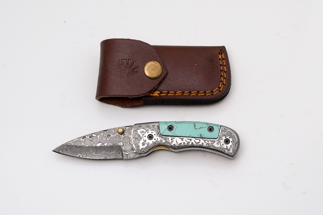 Hand-Forged Damascus Folder | Turquoise Handle, Engraved Bolster & Intricate Scrollwork - TF-076