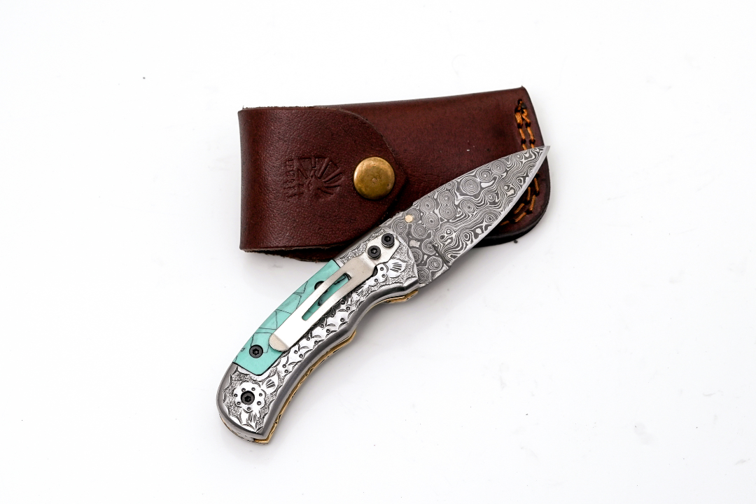 Hand-Forged Damascus Folder | Turquoise Handle, Engraved Bolster & Intricate Scrollwork - TF-076