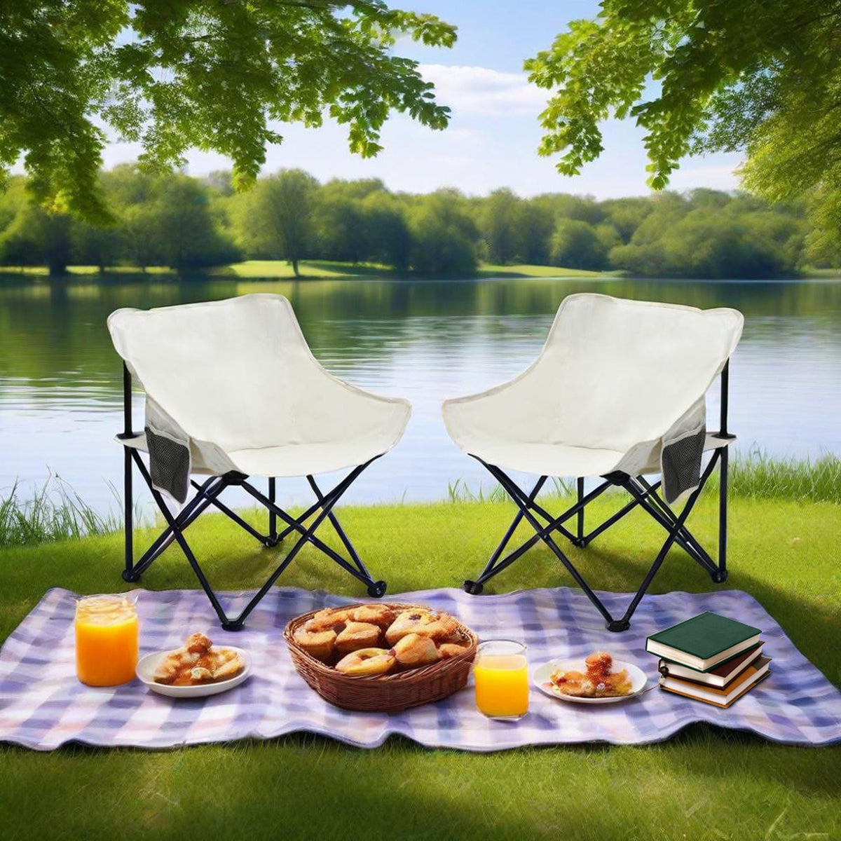 Portable Folding Camping Chairs with Carry Bag - Set of 2, Fabric - Beige or Black