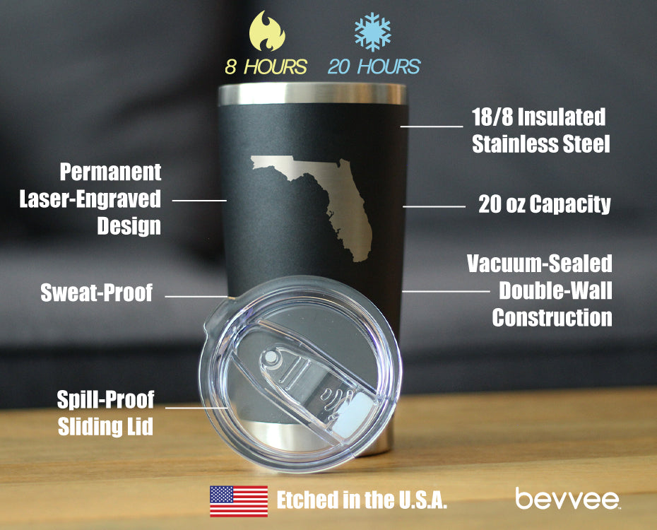 Florida State Outline - Insulated Coffee Tumbler Cup with Sliding Lid - Stainless Steel Coffee Mug - State Themed Outdoor Camping Gifts For Floridians