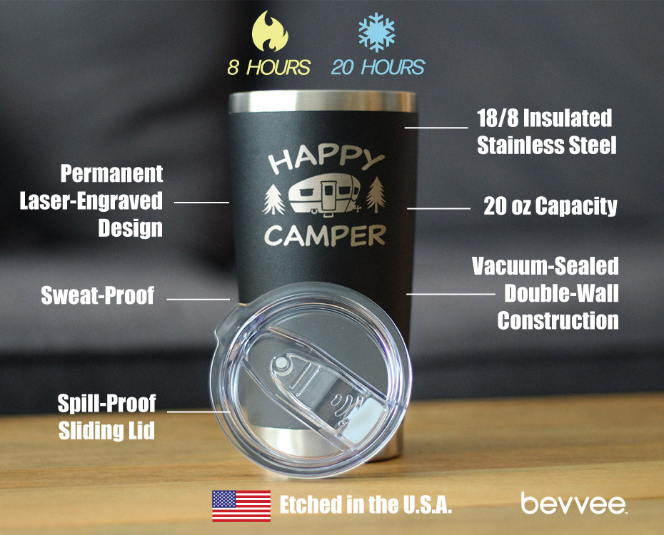 Happy Camper - Insulated Coffee Tumbler Cup with Sliding Lid - Stainless Steel Insulated Mug - Unique Outdoor Camping Tumbler