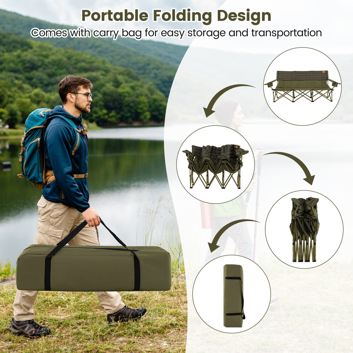 3 Person Folding Camping Chair with 2 Cup Holders Cotton Padding & Storage Bag