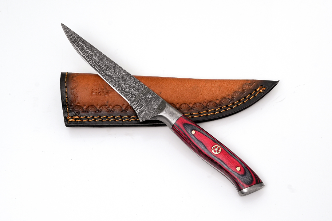 Hand-Forged Damascus Steel Skinning Knife | Red Pakkawood Handle & Mosaic Pin - TK-448