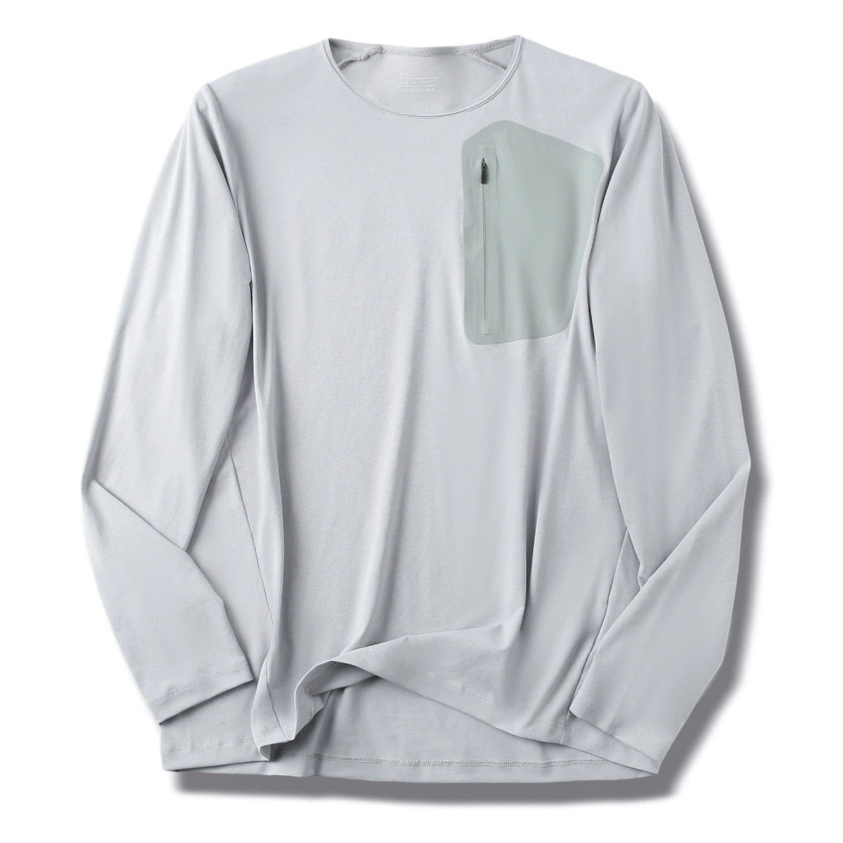 Men's Crew Neck Long Sleeve T-Shirt, Cotton Feel Moisture Wicking Quick Dry Athletic Shirts, Outdoor Hiking Tops With Seam Sealed Zipper Chest Pocket For Fall