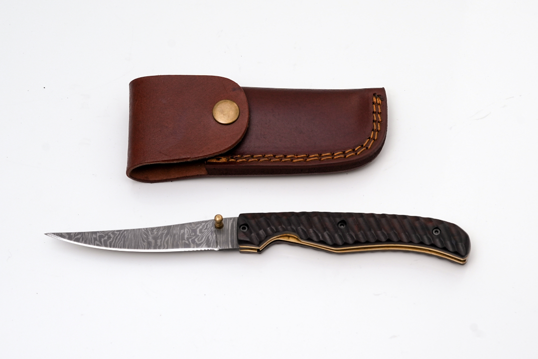 Hand-Forged Damascus Slim Folder | Textured Dark Wood Handle & Intricate Spine File Work - TF-075