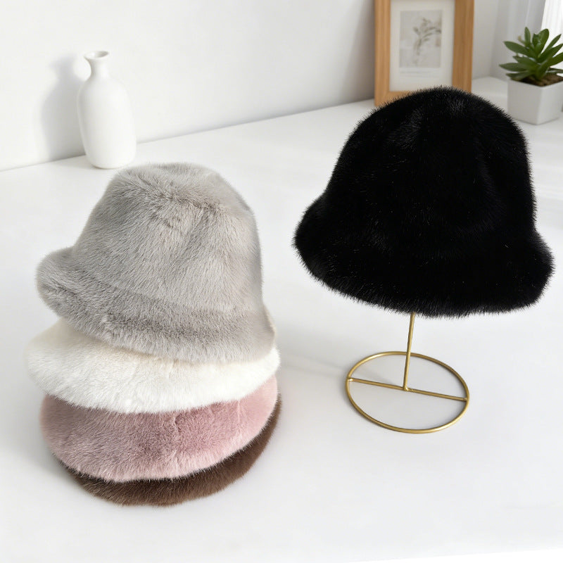 Pure Color Short-haired Plush Fishing Hat For Autumn And Winter, Korean Style, Versatile For Outdoor Activities, Warm And Protective For The Ears