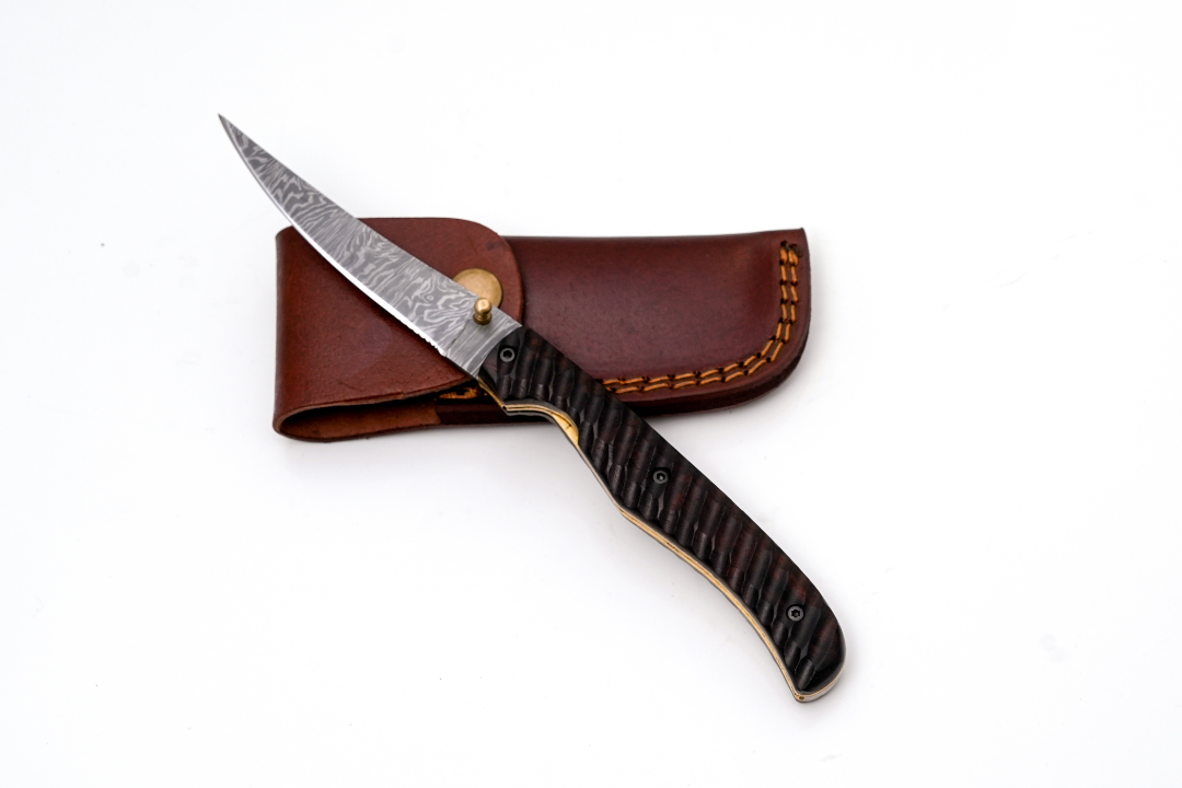 Hand-Forged Damascus Slim Folder | Textured Dark Wood Handle & Intricate Spine File Work - TF-075