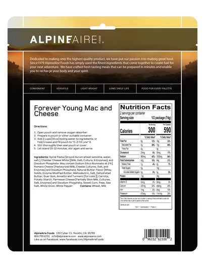 AlpineAire Forever Young Mac and Cheese | Vegetarian Cook-in-Pouch Meal