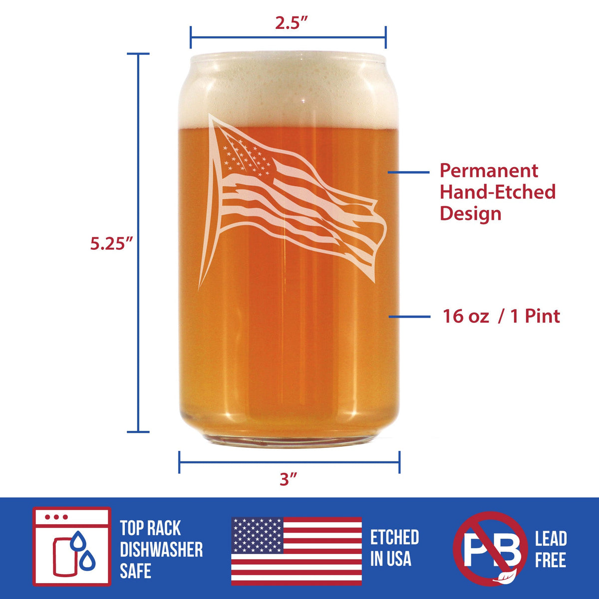 American Flag Beer Can Pint Glass - Patriotic Gift for American Men & Women - 16 oz Drinking Glasses