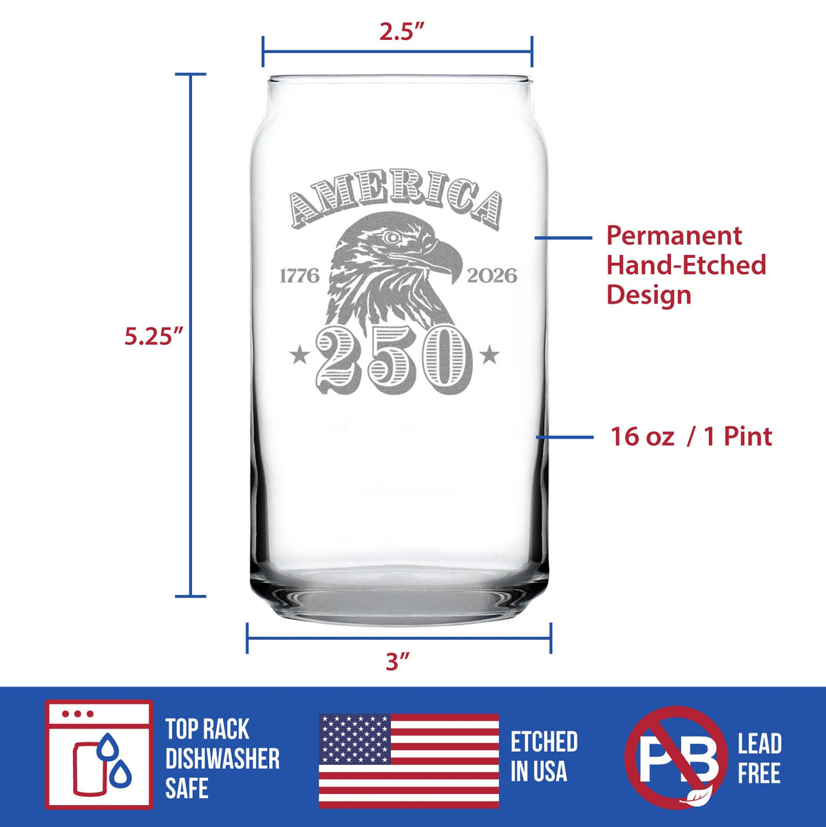America's 250th Anniversary Engraved Beer Can Glass Celebrate America's Birth Beer Can Shaped Pint Glass - 16oz