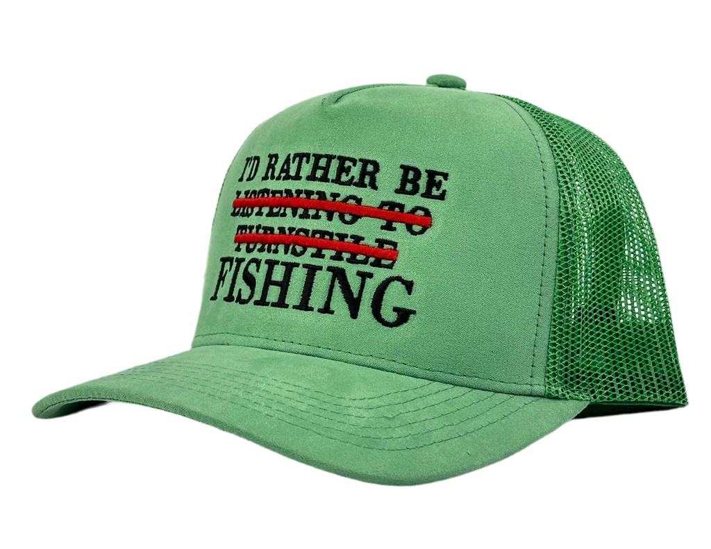 I’D RATHER BE FISHING SUEDE TRUCKER HAT
