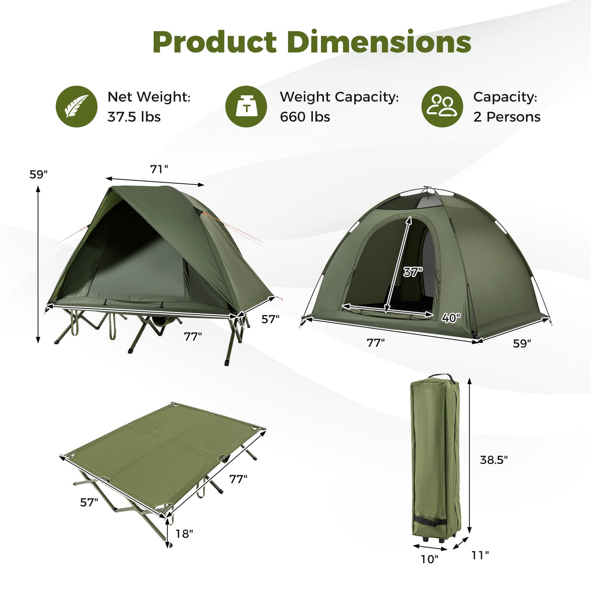 2-Person Camping Cot Tent Foldable Off-Ground Camping Combo for Adults