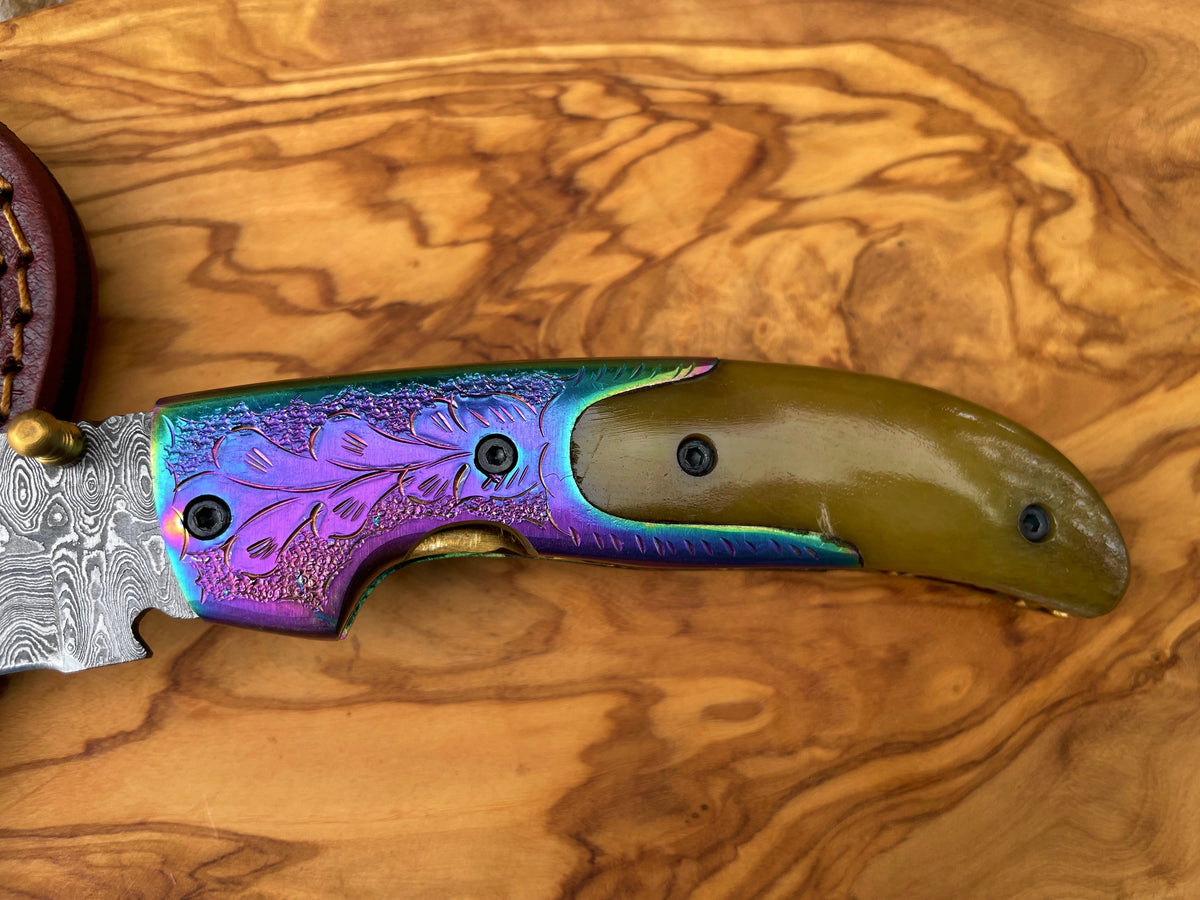 Damasucs Pocket Knife exquisite engraved bolster by Titan TF-015