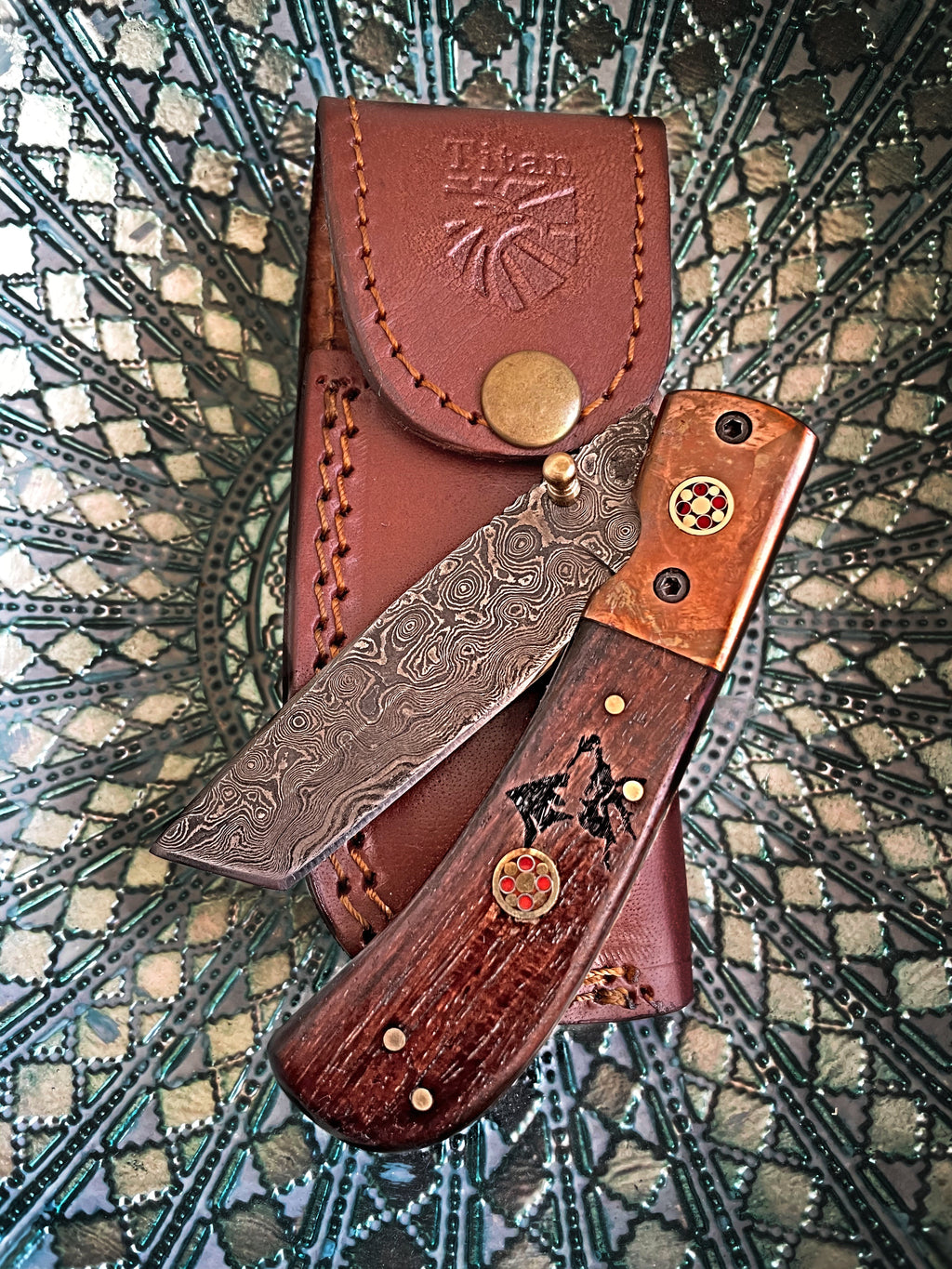 Damascus Steel Folding Knife Tanto Blade Engraved Walnut Handle and Copper Bolster Titan Pocket Samurai X TF-012