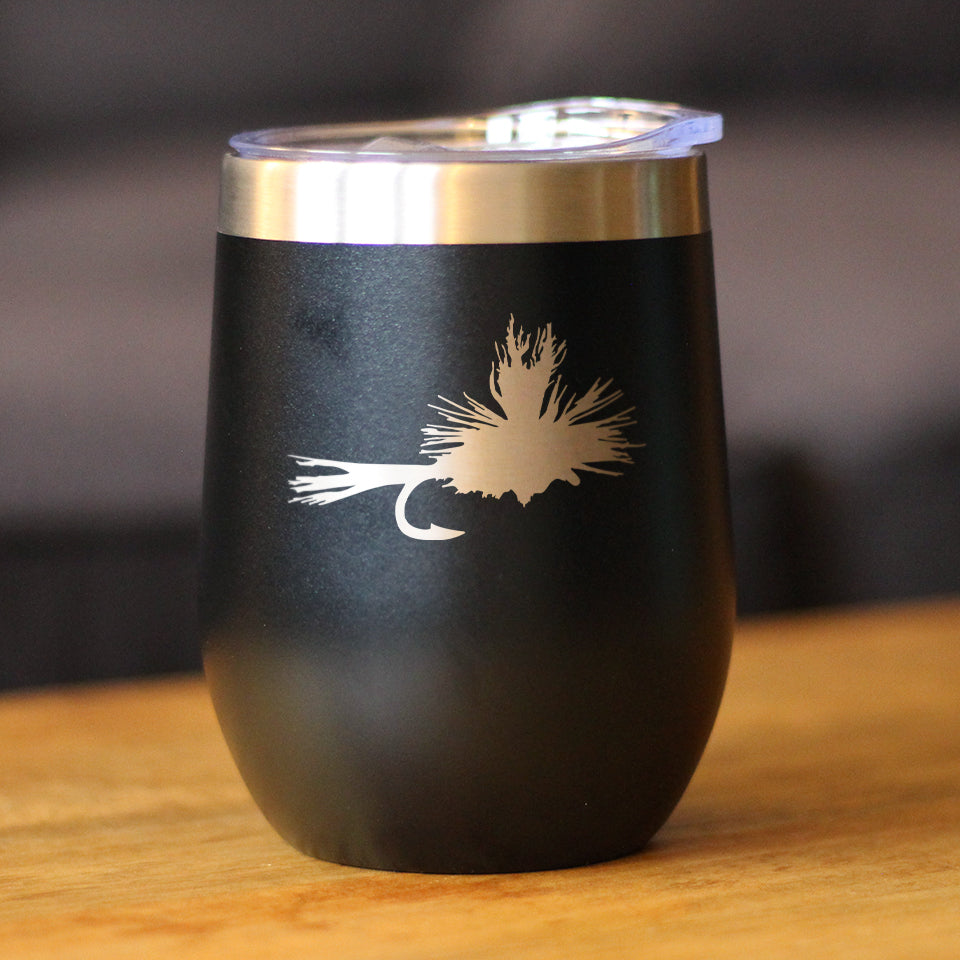 Fishing Fly - Wine Tumbler Glass with Sliding Lid - Stainless Steel Insulated Mug - Unique Flyfishing Gifts for Fishermen