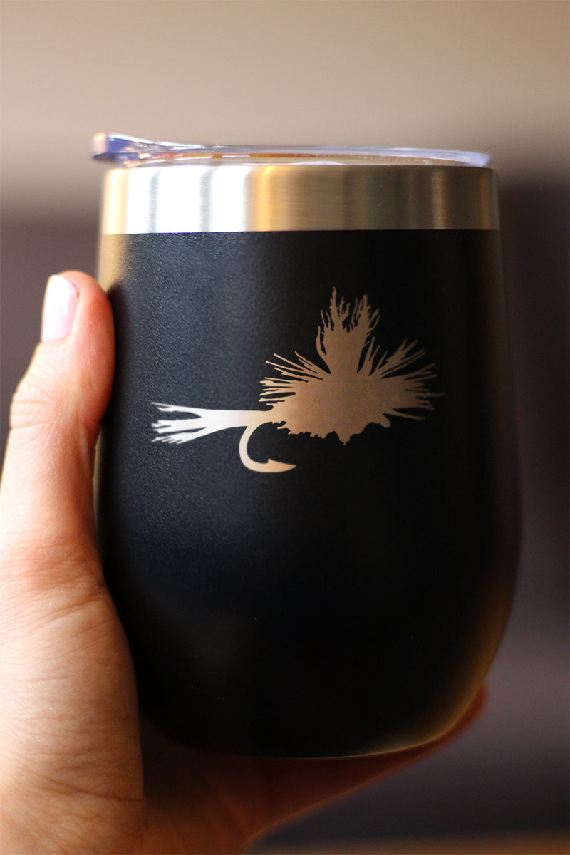 Fishing Fly - Wine Tumbler Glass with Sliding Lid - Stainless Steel Insulated Mug - Unique Flyfishing Gifts for Fishermen