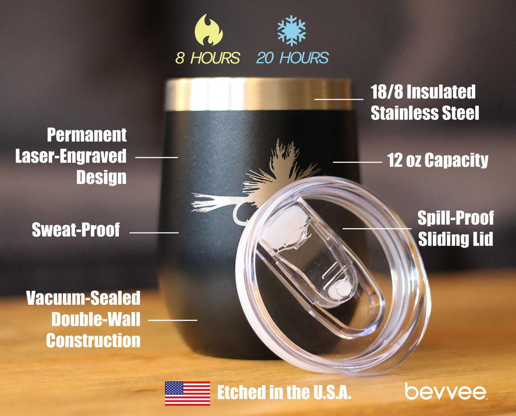 Fishing Fly - Wine Tumbler Glass with Sliding Lid - Stainless Steel Insulated Mug - Unique Flyfishing Gifts for Fishermen