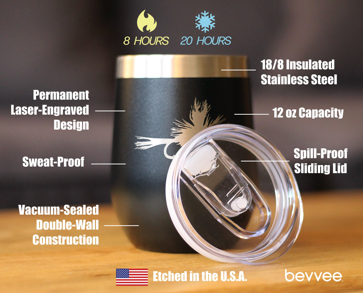 Fishing Fly - Wine Tumbler Glass with Sliding Lid - Stainless Steel Insulated Mug - Unique Flyfishing Gifts for Fishermen