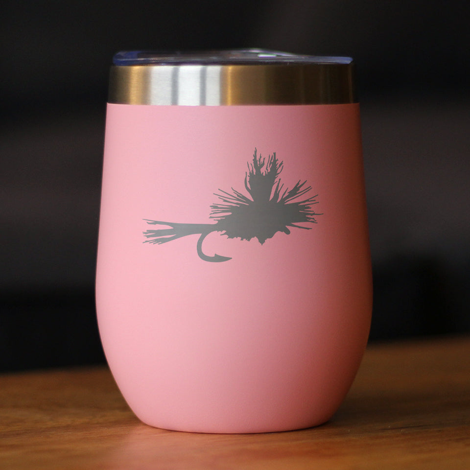Fishing Fly - Wine Tumbler Glass with Sliding Lid - Stainless Steel Insulated Mug - Unique Flyfishing Gifts for Fishermen