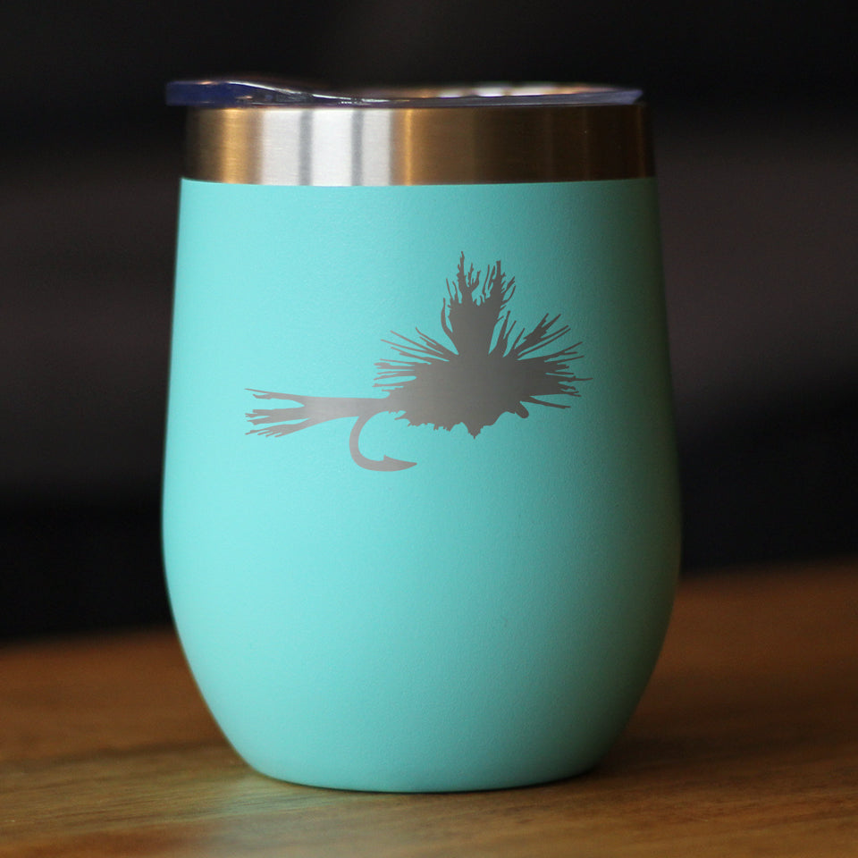 Fishing Fly - Wine Tumbler Glass with Sliding Lid - Stainless Steel Insulated Mug - Unique Flyfishing Gifts for Fishermen