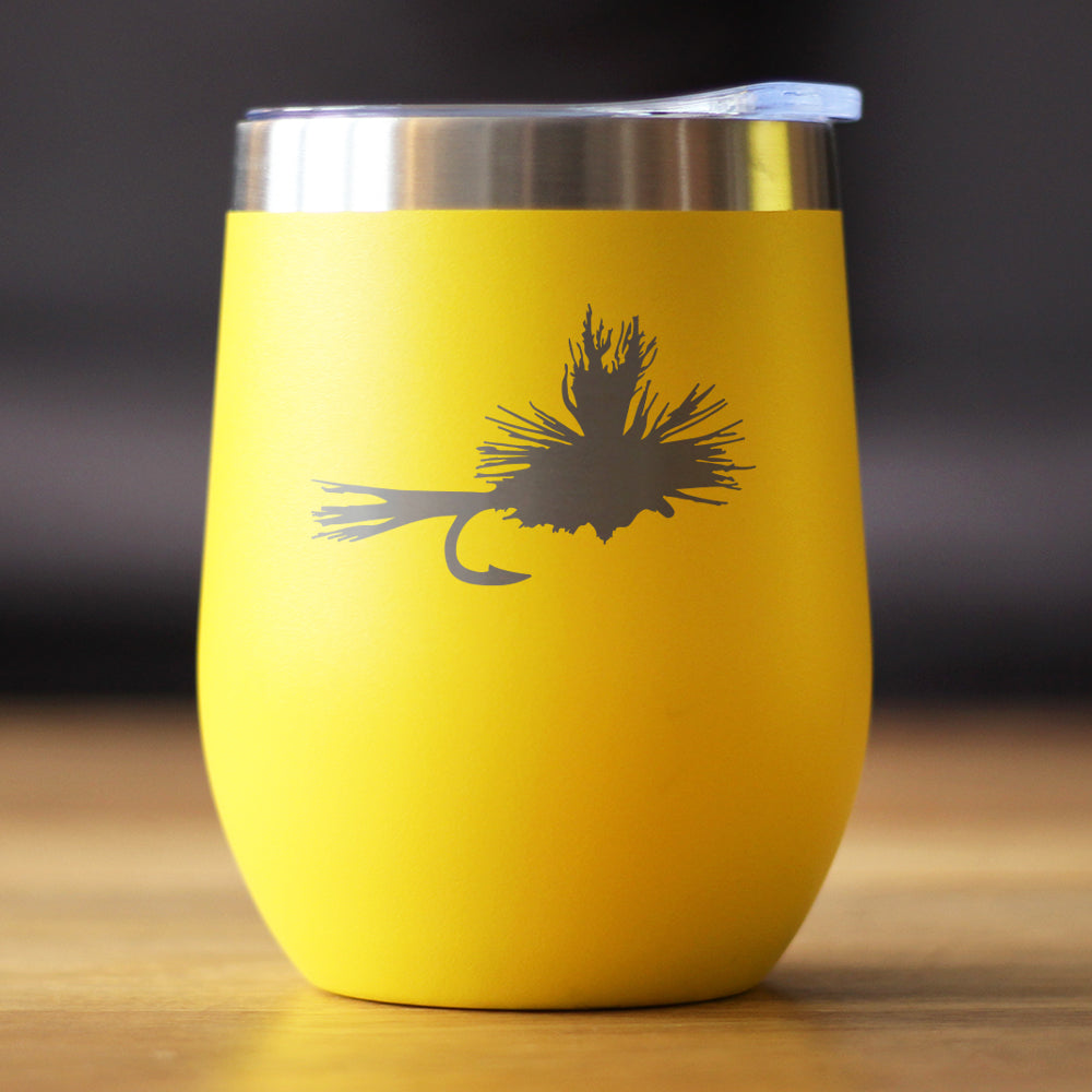 Fishing Fly - Wine Tumbler Glass with Sliding Lid - Stainless Steel Insulated Mug - Unique Flyfishing Gifts for Fishermen