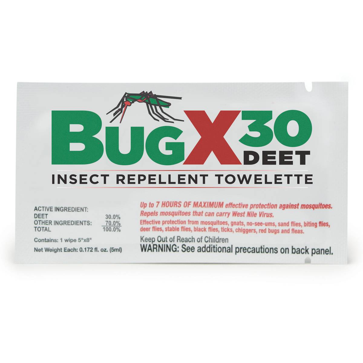 BUGX Insect Repellant Towelette, 30% DEET - 1 each