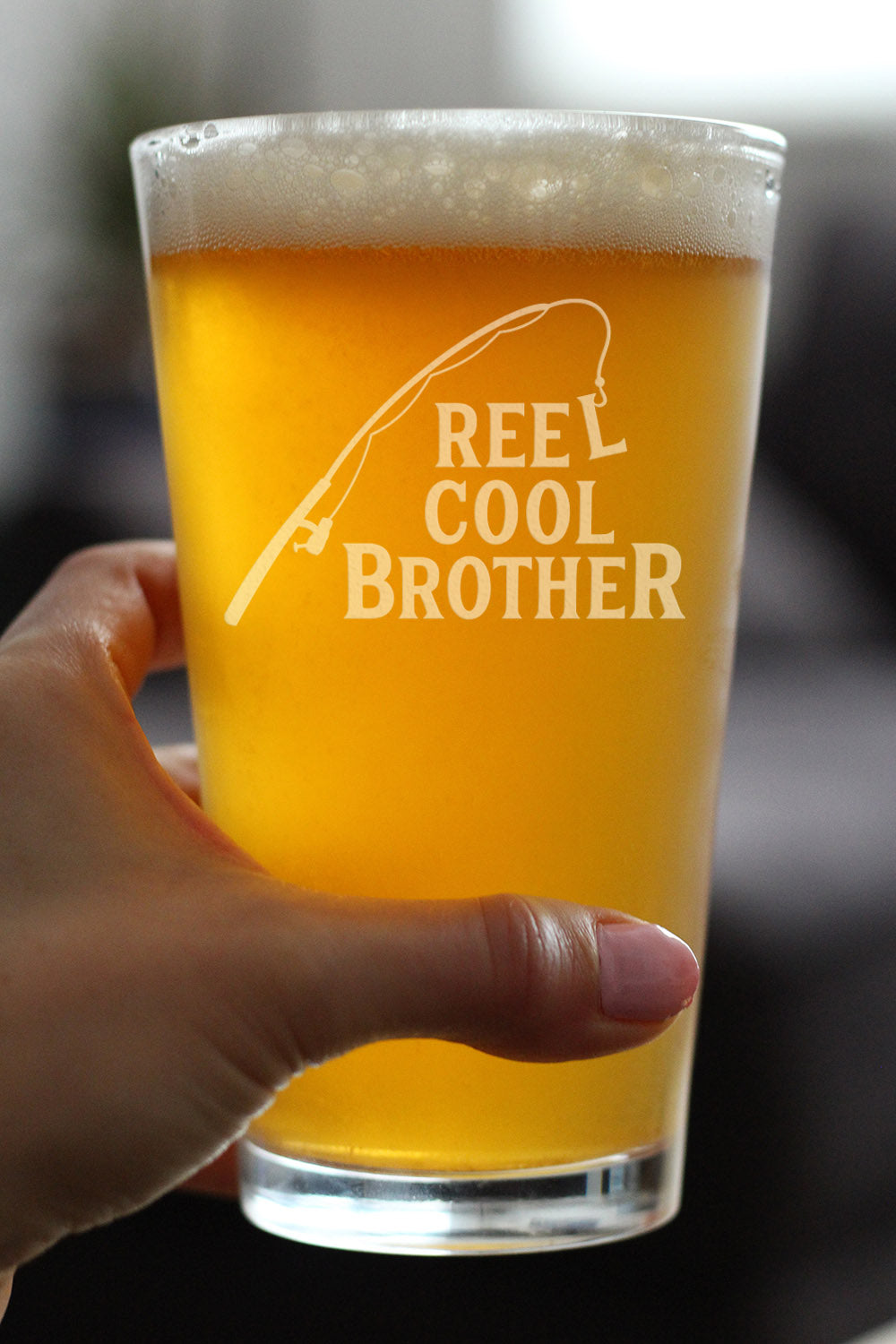 Reel Cool Brother - 16 oz Pint Glass for Beer - Funny Fishing Gifts for Fisherman Brothers - Fun Fish Cups