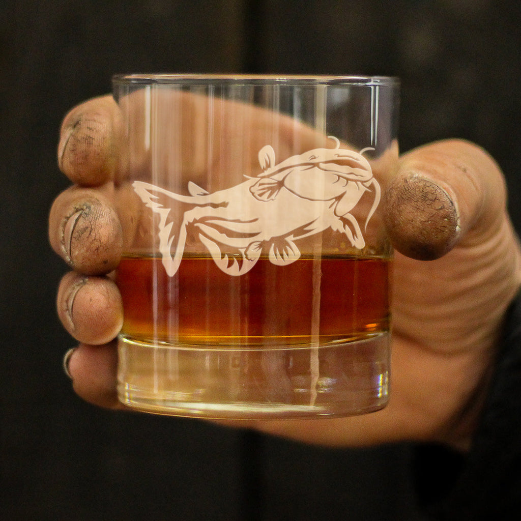 Catfish - Whiskey Rocks Glass - Catfishing Gifts for Fisherman - Whisky Fish Tumbler & Fishing Decor - 10.25 oz