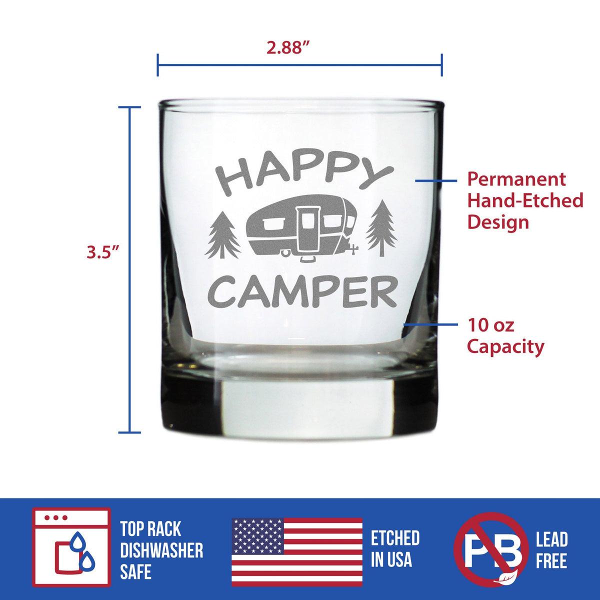 Happy Camper - Whiskey Rocks Glass - Fun RV Gifts for Men & Women Who Love Drinking Whisky & Camping Decor - 10.25 oz