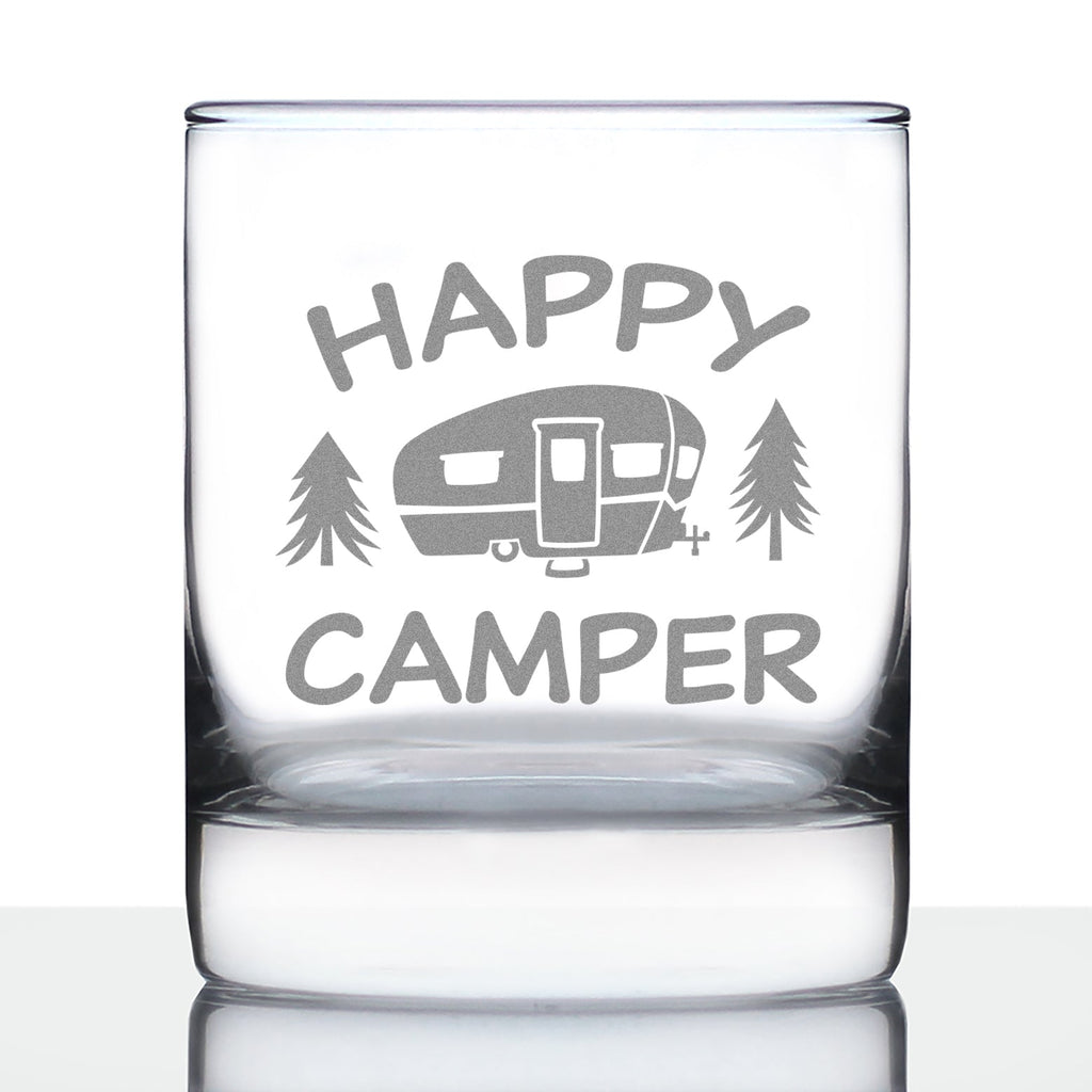Happy Camper - Whiskey Rocks Glass - Fun RV Gifts for Men & Women Who Love Drinking Whisky & Camping Decor - 10.25 oz