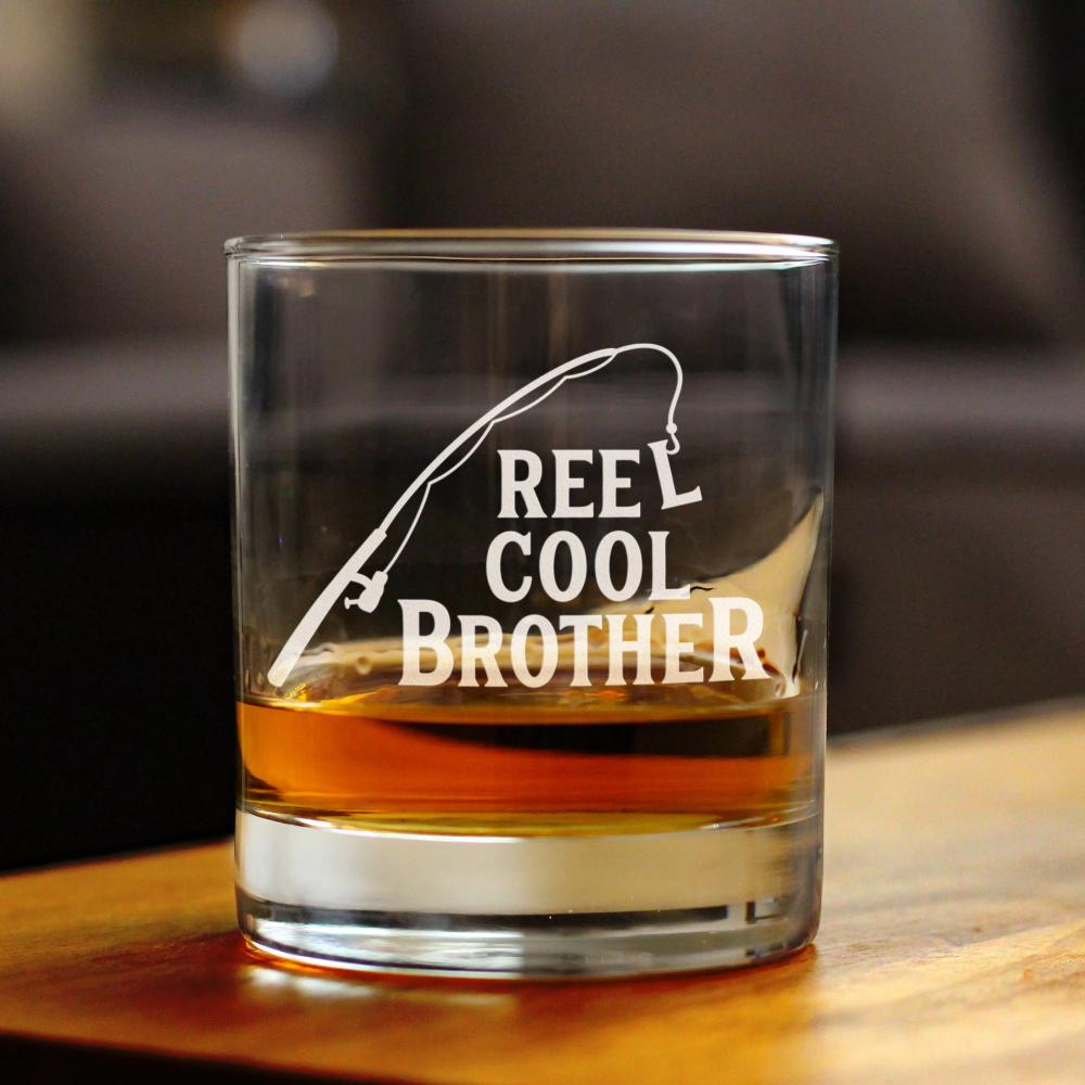 Reel Cool Brother - Funny Whiskey Rocks Glass - Fishing Gifts for Brothers - Engraved 10.25 oz Glasses - Fun Fish Cups