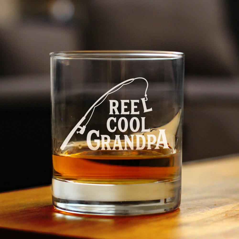 Reel Cool Grandpa - Funny Whiskey Rocks Glass - Fishing Gifts for Grandpas - Engraved 10.25 oz Glasses - Fun Fish Cups
