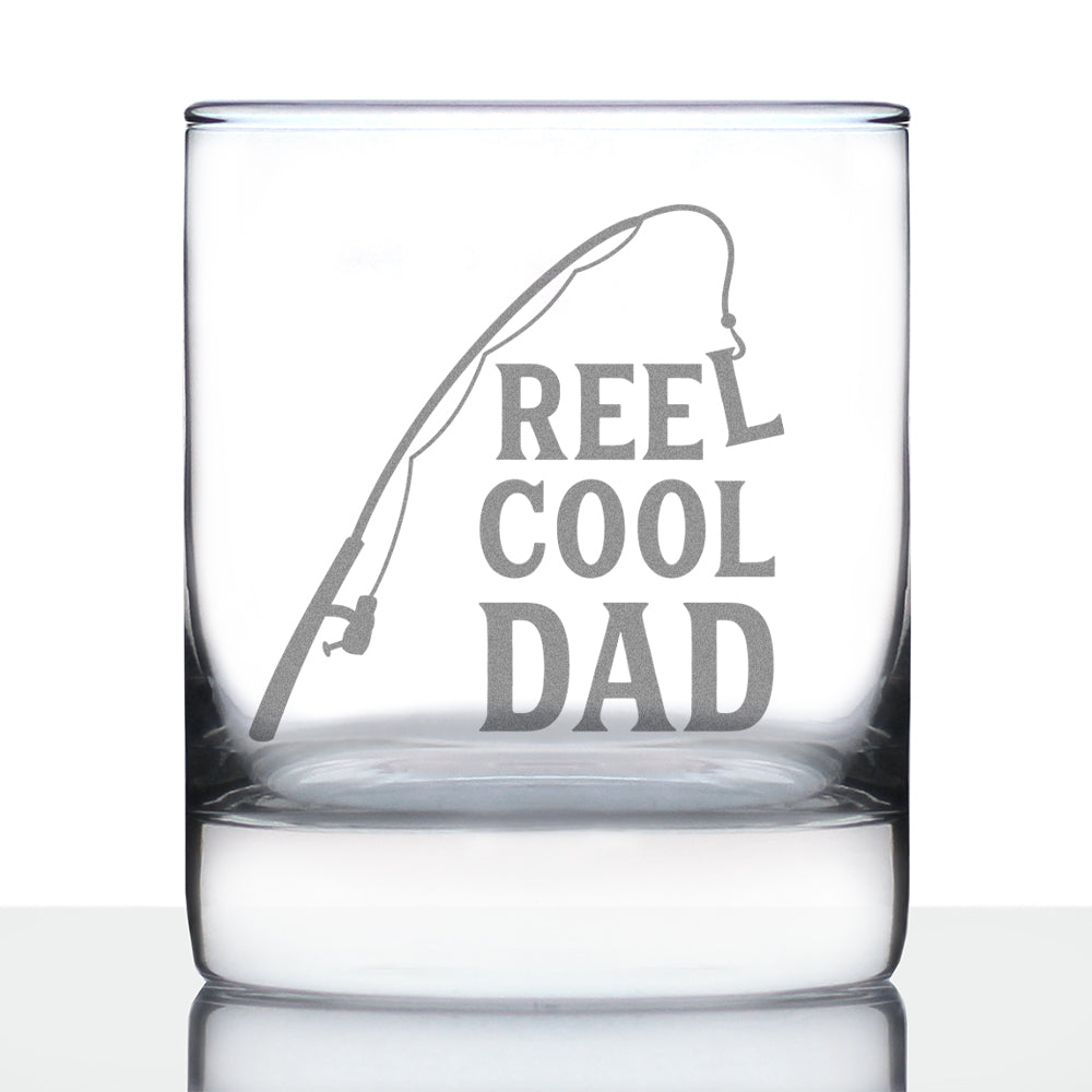 Reel Cool Dad - Funny Whiskey Rocks Glass - Fishing Gifts for Fathers - Engraved 10.25 oz Glasses - Fun Fish Cups
