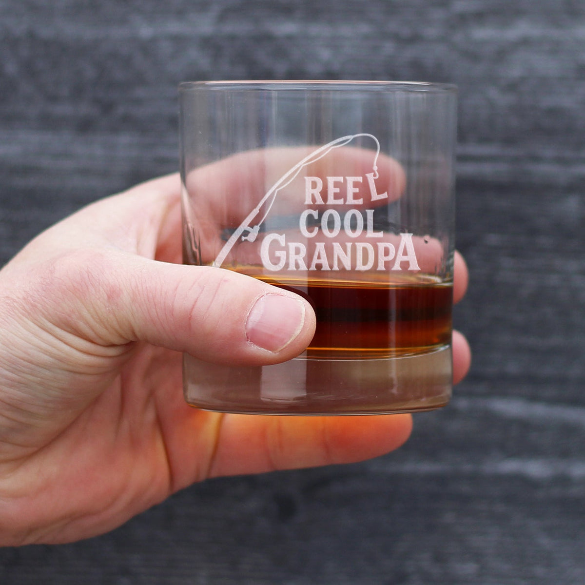 Reel Cool Grandpa - Funny Whiskey Rocks Glass - Fishing Gifts for Grandpas - Engraved 10.25 oz Glasses - Fun Fish Cups