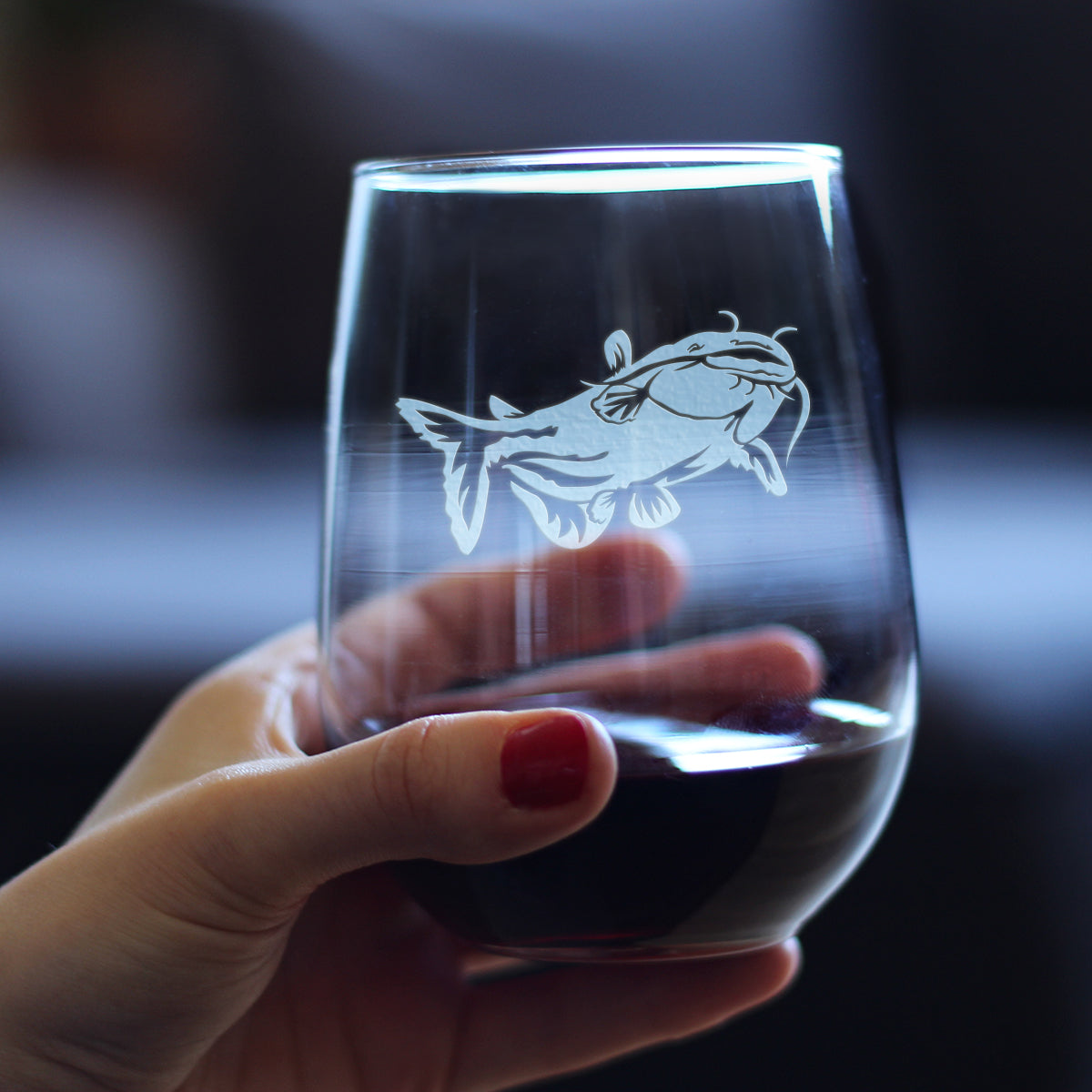 Catfish Stemless Wine Glass - Unique Fishing Themed Gifts for Fishermen - Large 17 oz Glasses