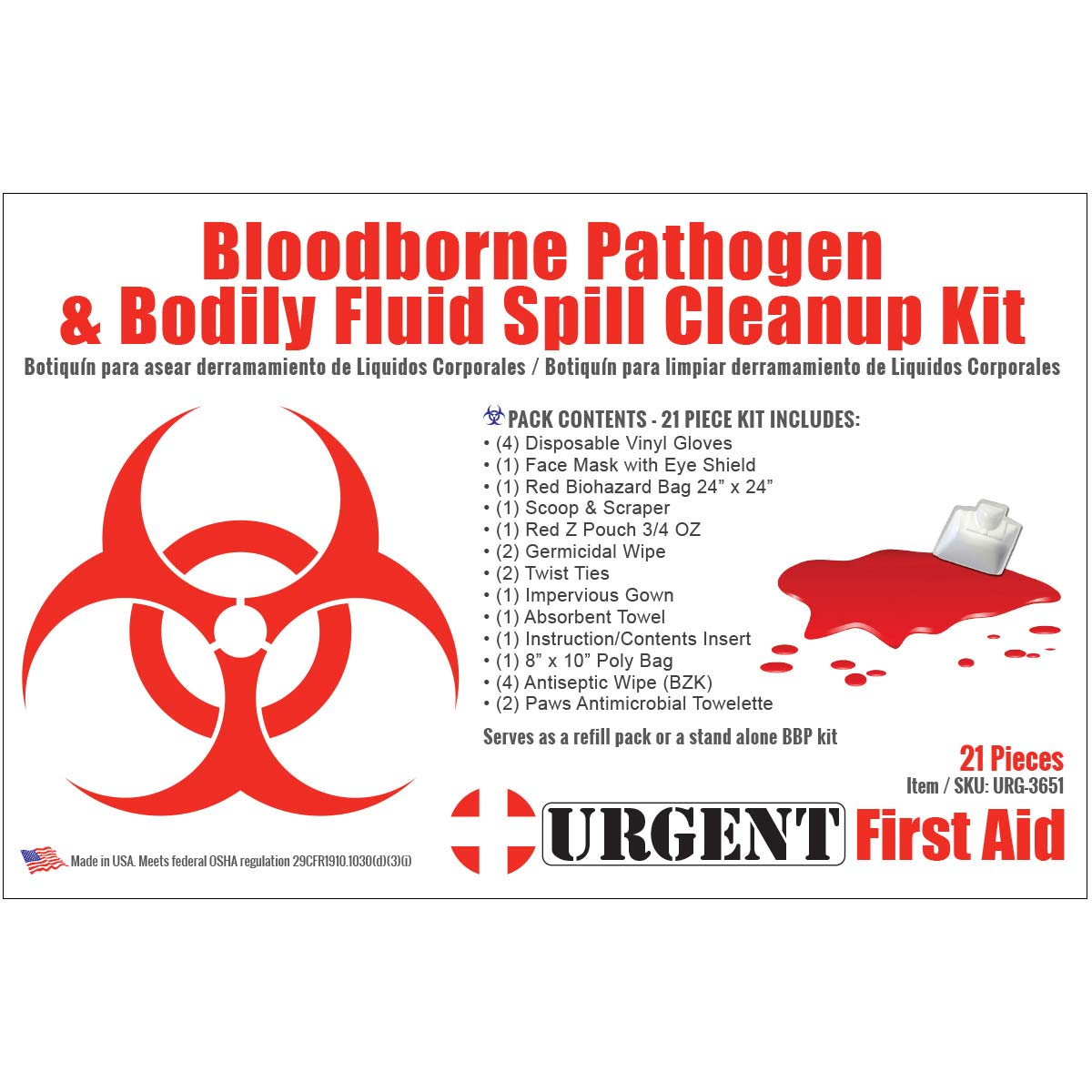 22 Piece Bodily Fluid Clean Up Pack / Bloodborne Pathogen Spill Kit