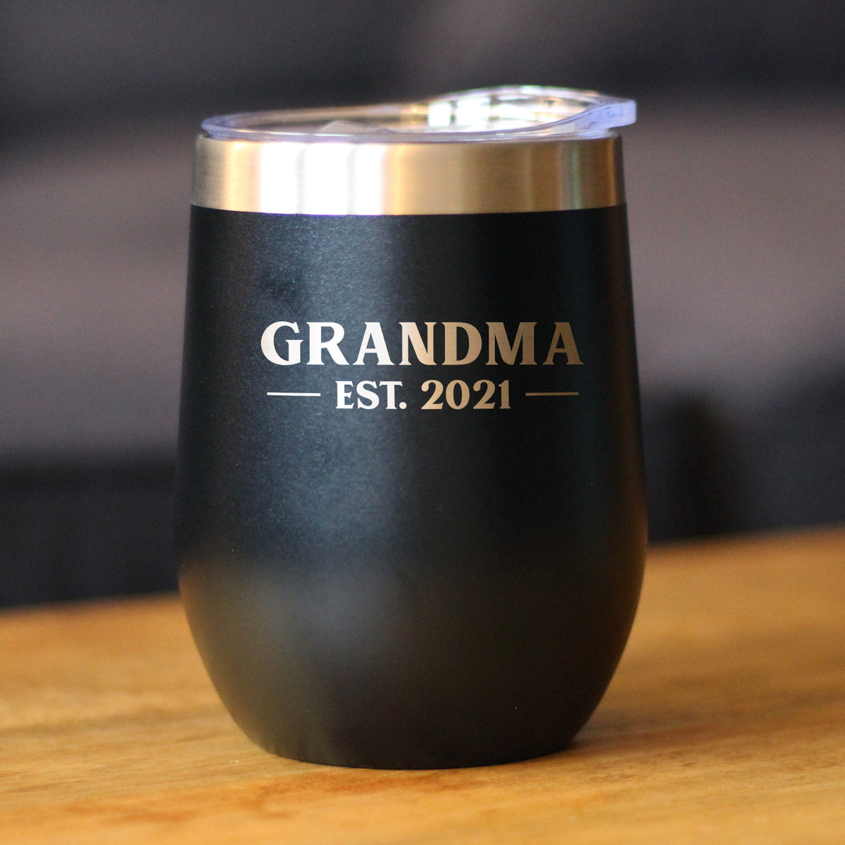 Grandma Est 2021 - Wine Tumbler with Sliding Lid - Stemless Stainless Steel Insulated Mug - Bold Outdoor Camping Gift