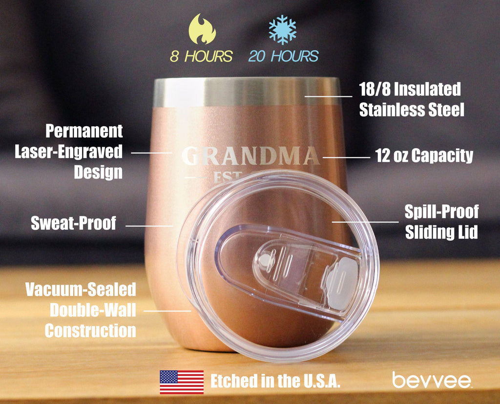 Grandma Est 2021 - Wine Tumbler with Sliding Lid - Stemless Stainless Steel Insulated Mug - Bold Outdoor Camping Gift