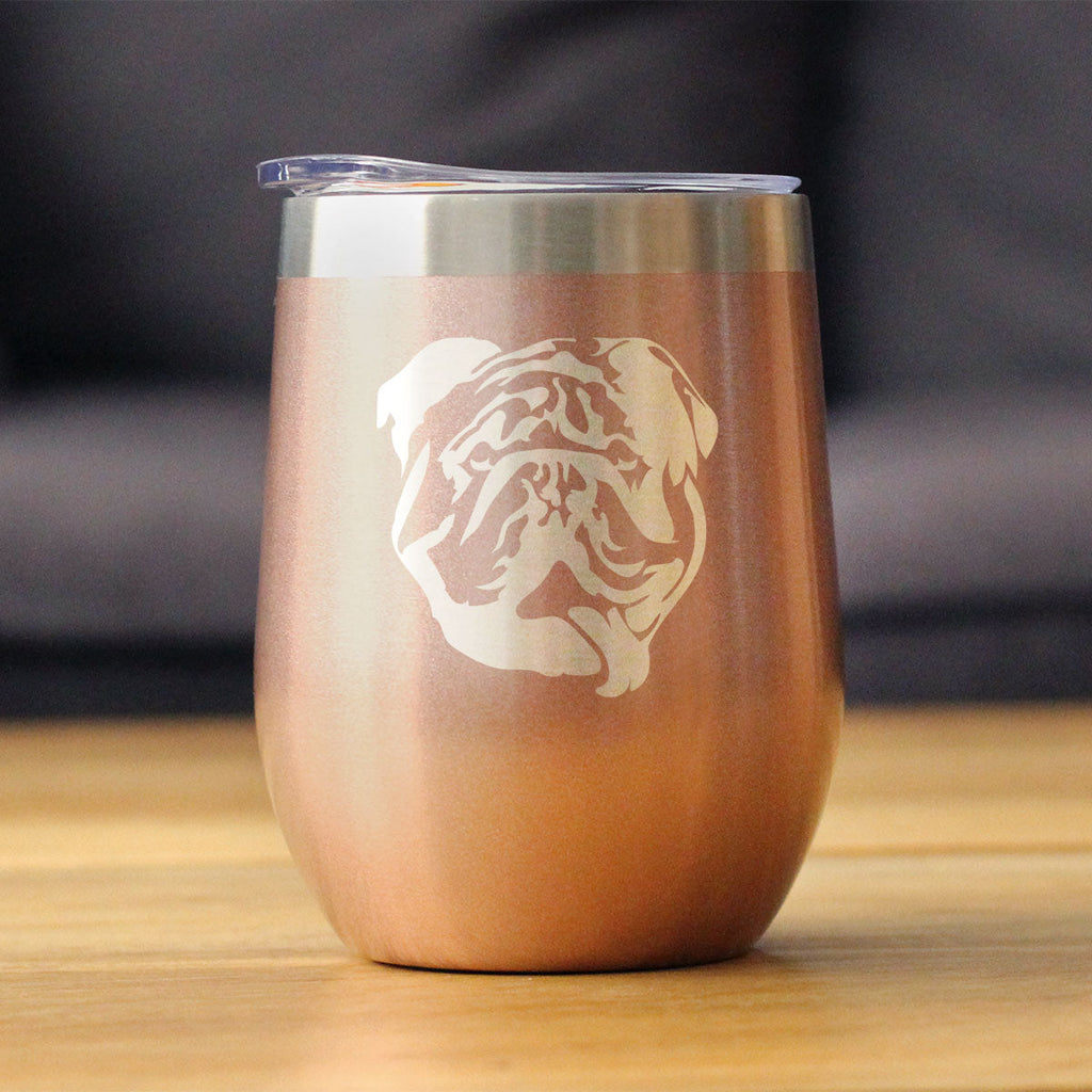 Bulldog Wine Tumbler with Sliding Lid - Stemless Stainless Steel Insulated Cup - English Bulldogs Outdoor Camping Mug