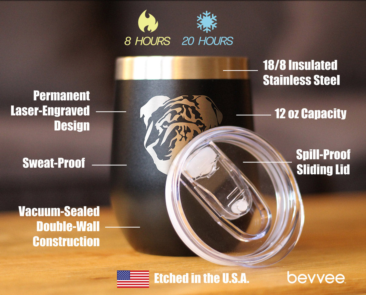 Bulldog Wine Tumbler with Sliding Lid - Stemless Stainless Steel Insulated Cup - English Bulldogs Outdoor Camping Mug