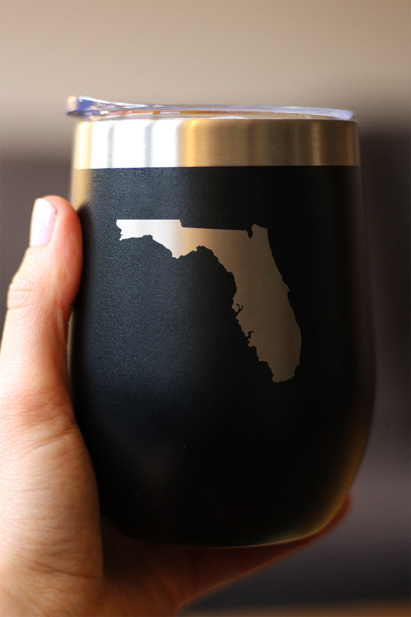 Florida State Outline - Wine Tumbler Glass with Sliding Lid - Stainless Steel Insulated Mug - State Themed Outdoor Camping Gifts For Floridians