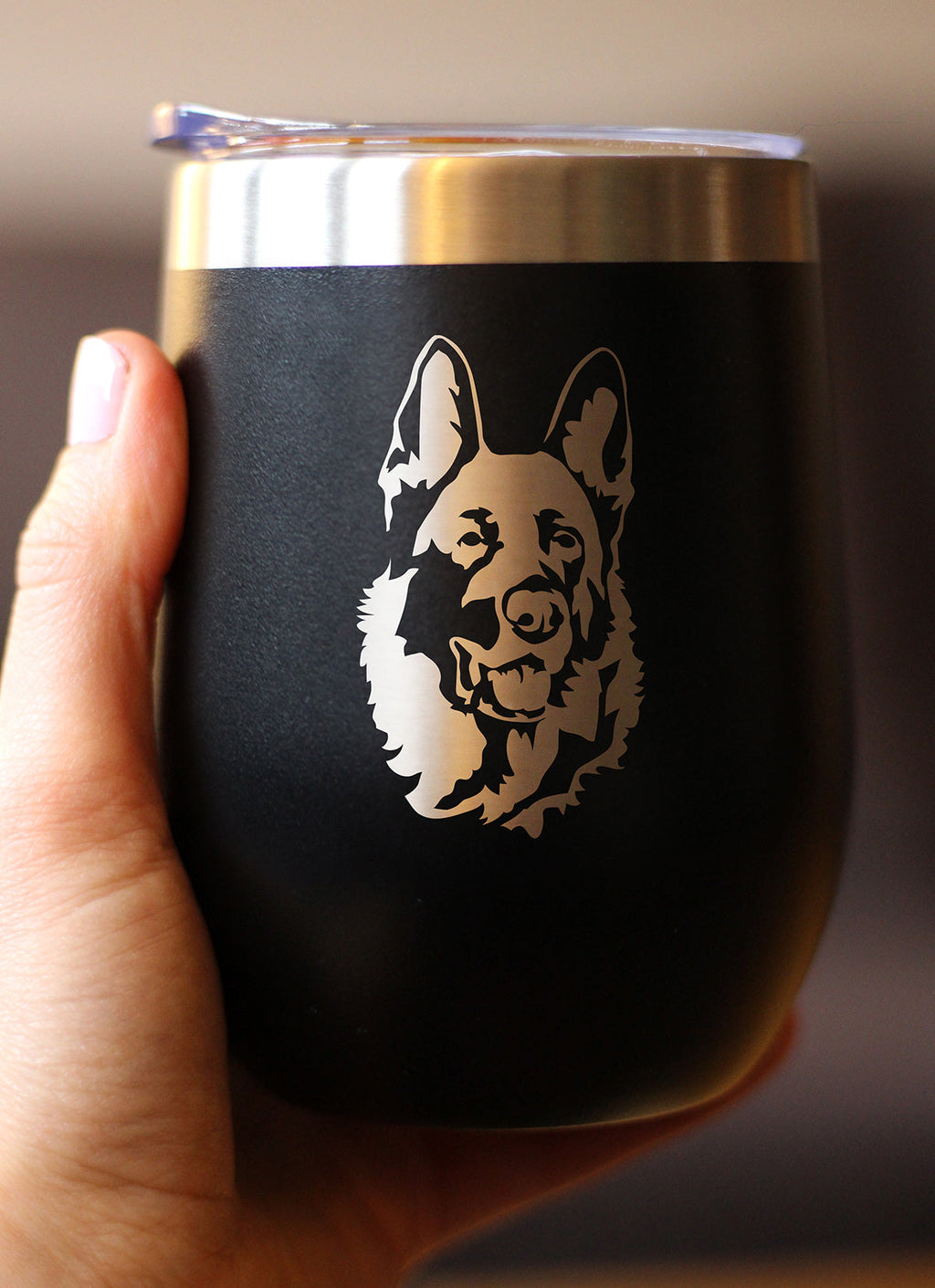 German Shepherd - Wine Tumbler with Sliding Lid - Stemless Stainless Steel Insulated Cup - German Shepherds Outdoor Camping Mug