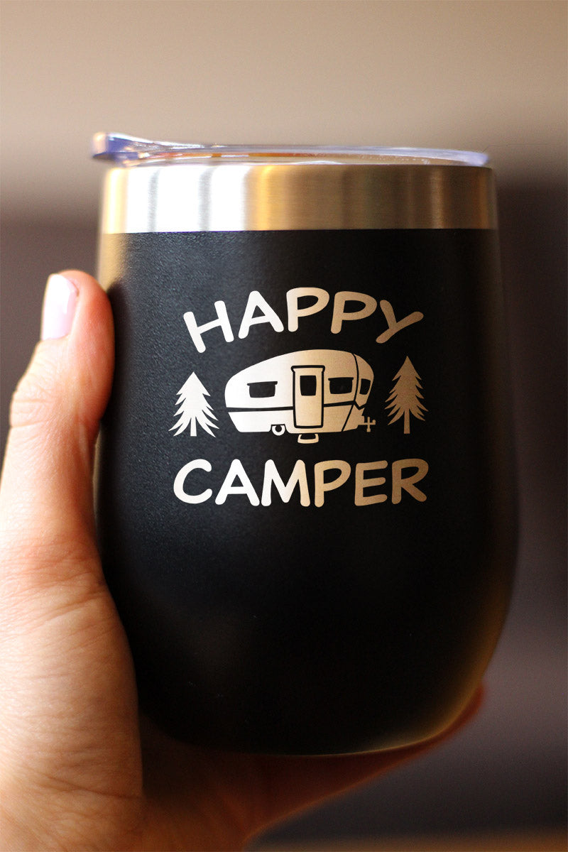 Happy Camper Wine Tumbler with Sliding Lid - Stemless Stainless Steel Insulated Cup - Cute Outdoor Camping Mug