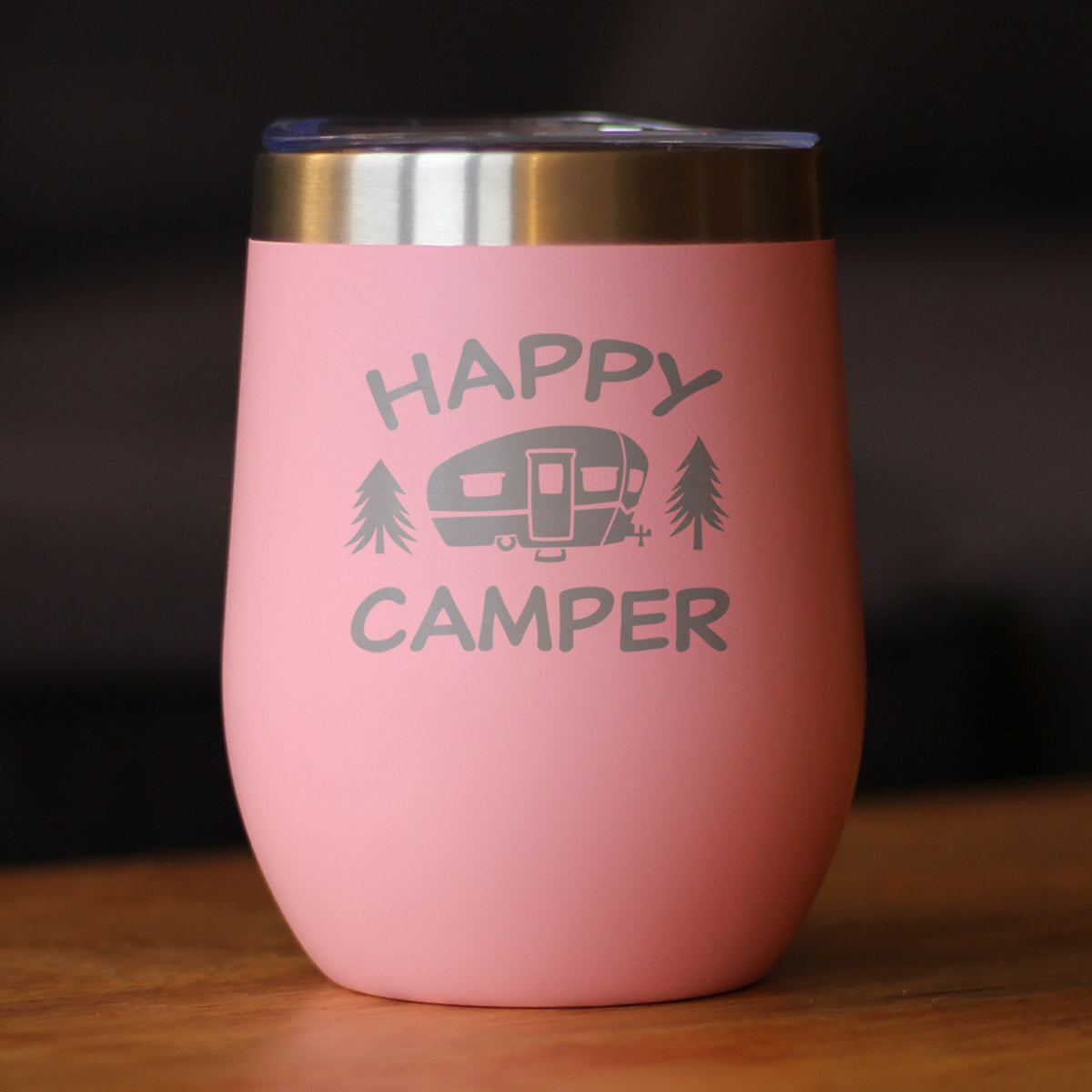 Happy Camper Wine Tumbler with Sliding Lid - Stemless Stainless Steel Insulated Cup - Cute Outdoor Camping Mug