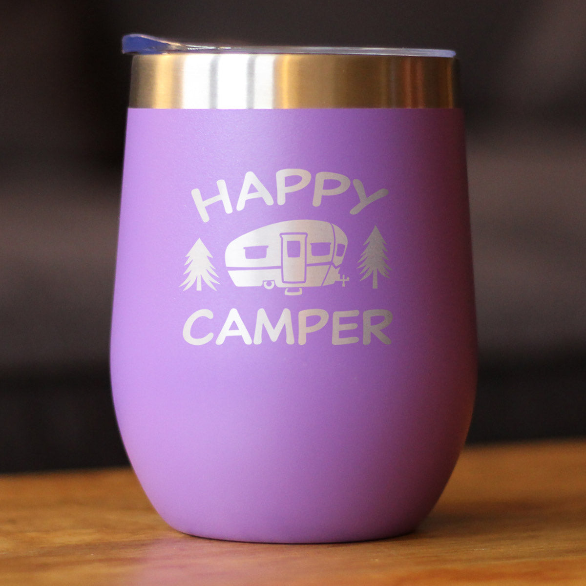 Happy Camper Wine Tumbler with Sliding Lid - Stemless Stainless Steel Insulated Cup - Cute Outdoor Camping Mug