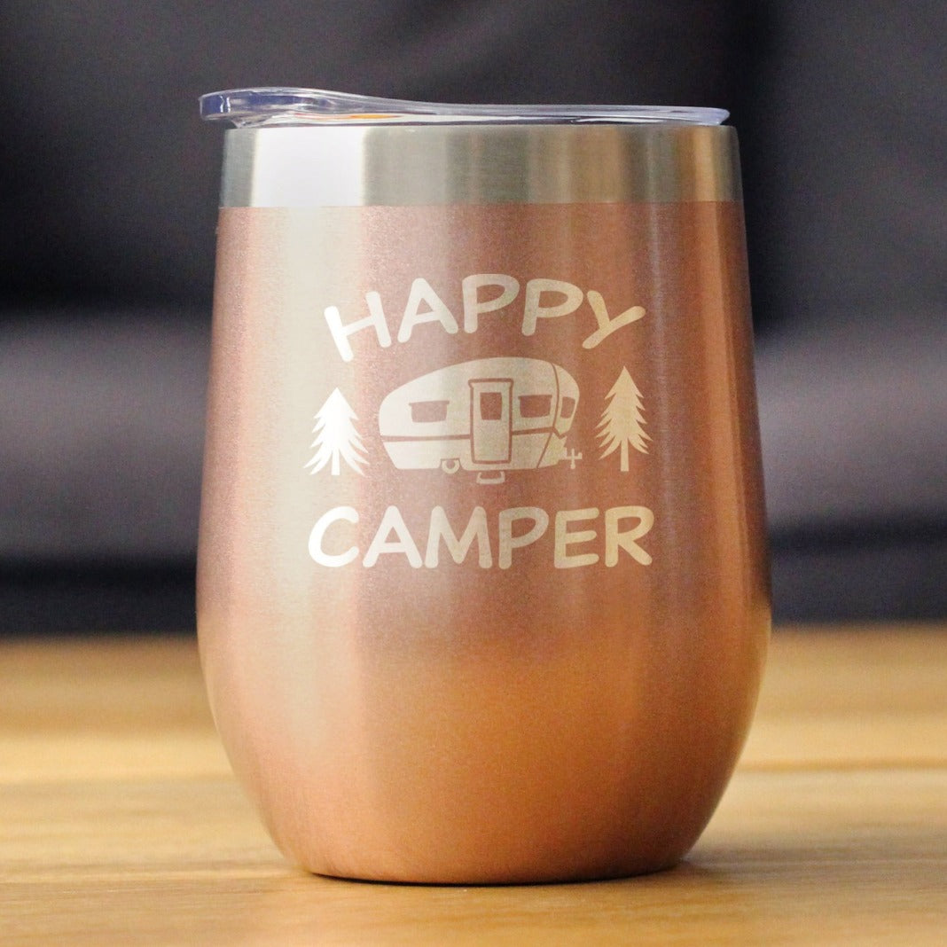 Happy Camper Wine Tumbler with Sliding Lid - Stemless Stainless Steel Insulated Cup - Cute Outdoor Camping Mug