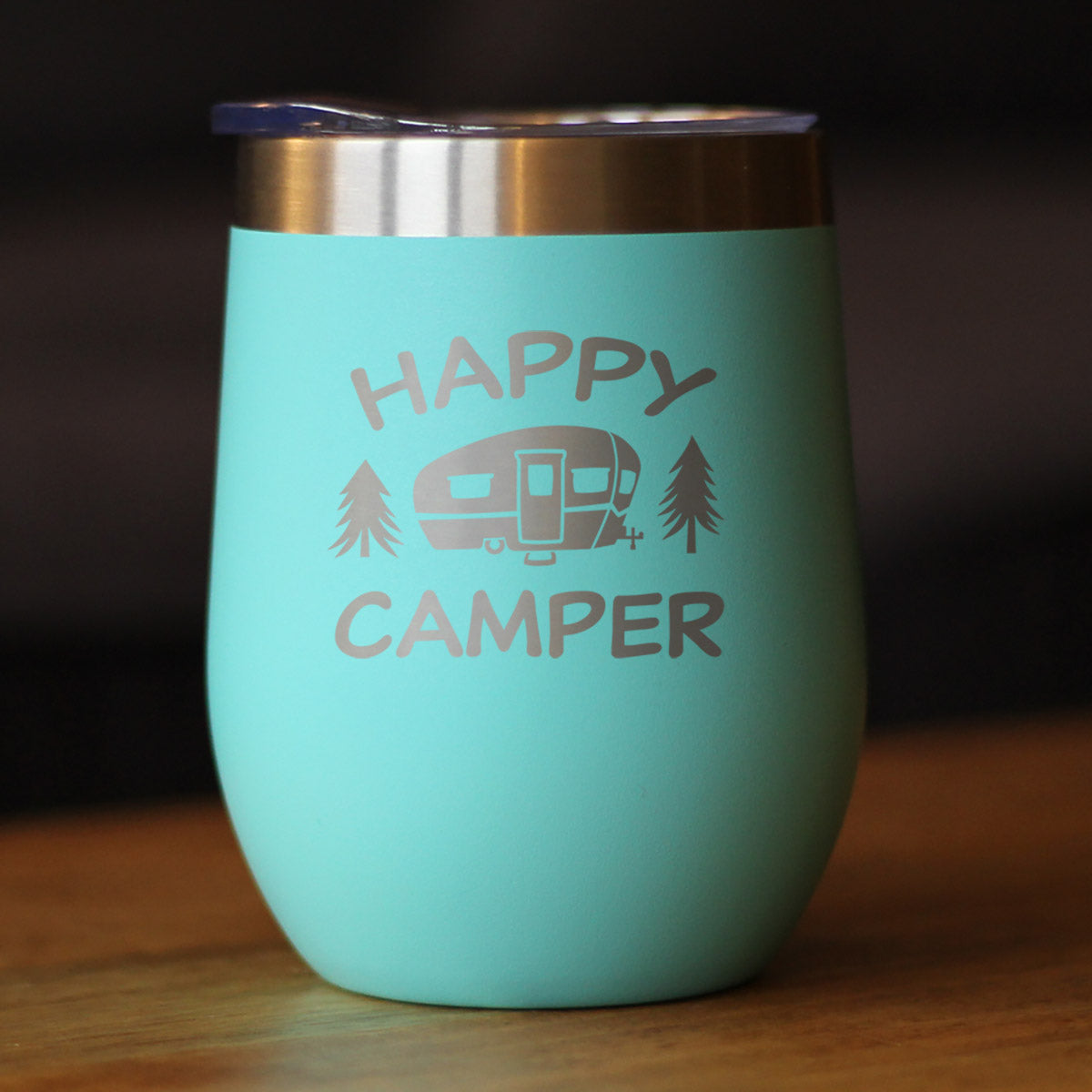 Happy Camper Wine Tumbler with Sliding Lid - Stemless Stainless Steel Insulated Cup - Cute Outdoor Camping Mug