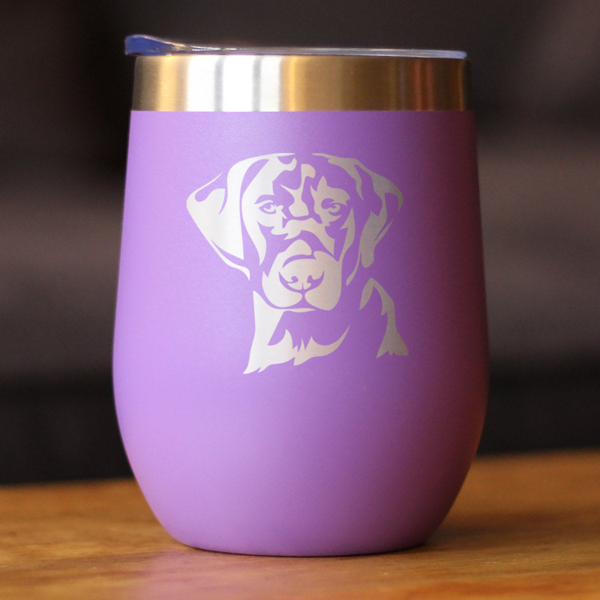 Black Lab Face Wine Tumbler with Sliding Lid - Stemless Stainless Steel Insulated Cup - Labrador Retriever Outdoor Camping Mug