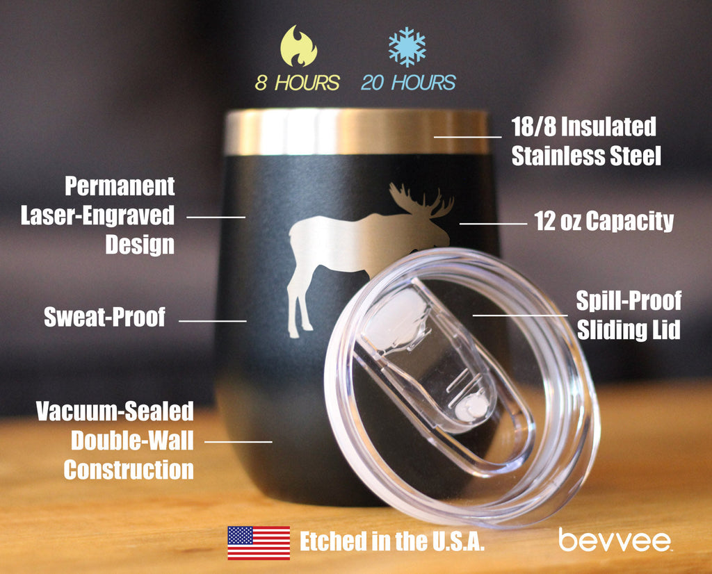 Moose Silhouette - Wine Tumbler with Sliding Lid - Stemless Stainless Steel Insulated Cup - Cute Outdoor Camping Mug